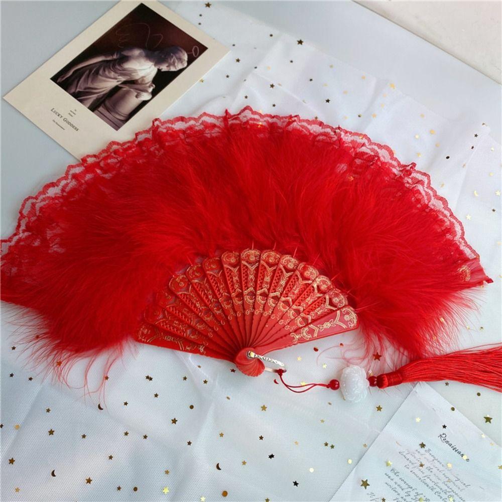 Retro Artificial Feather Fan Handheld Folding Fan Faux Feather Plush Fan  Dance Performance
