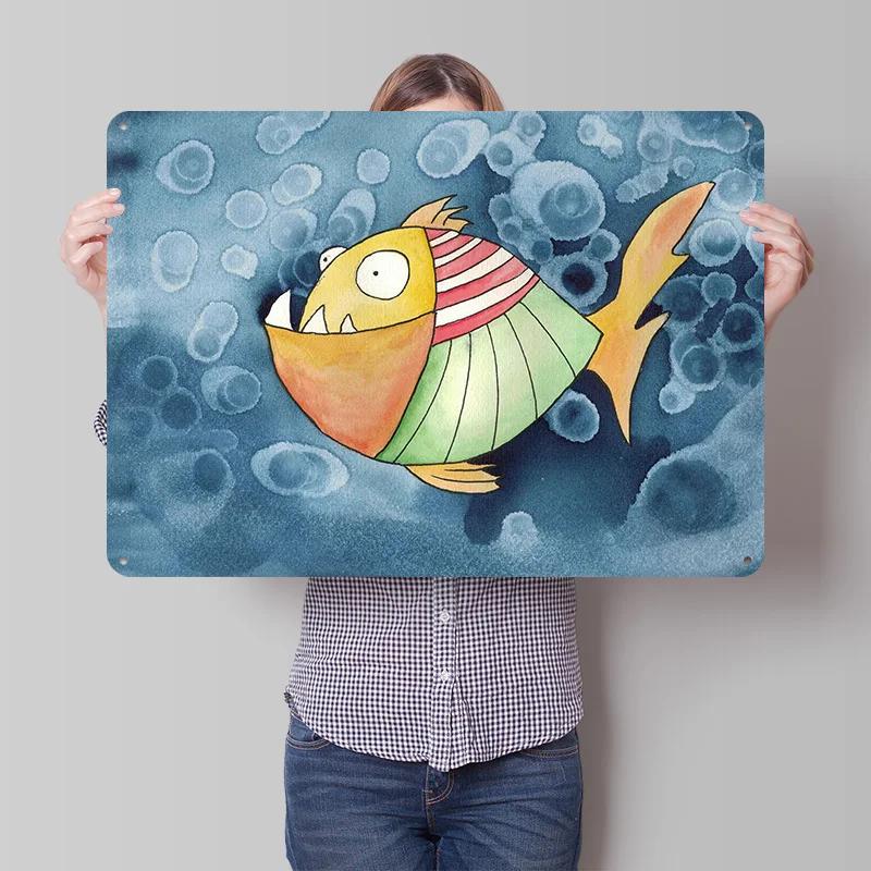 Crazy Fish Personalized D Textured Metal Poster Wall Art Tinplate Sign for Interior Decoration Living Room Decor Luxury House