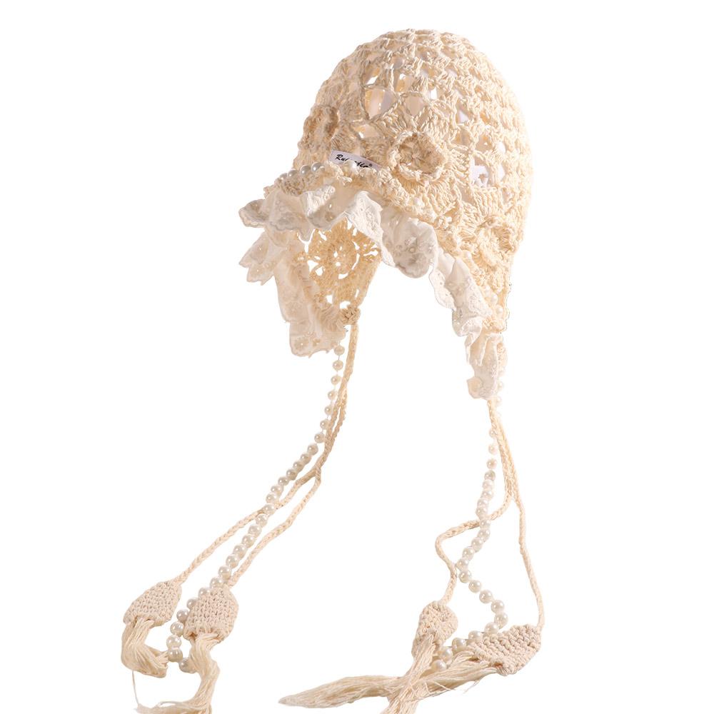 Hollow Out Lace Beanies Pearl Tassels Knit Cap Casual Crochet Flower Knitted Hat Girls