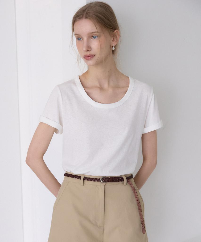 OURHOPE Linen Logo U-Neck T-Shirt - White