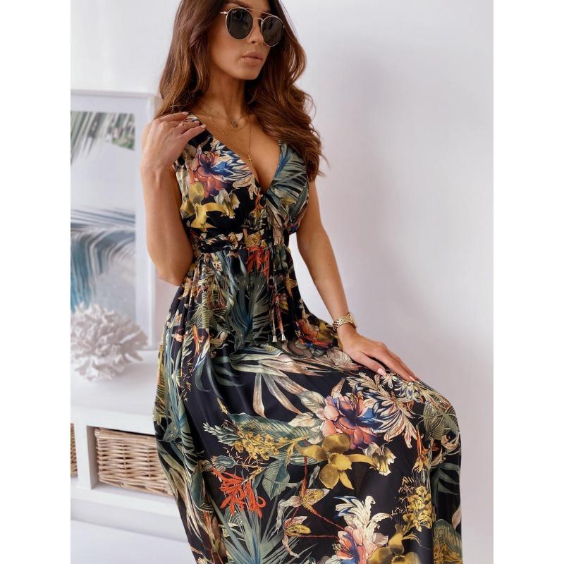 YYFS Women's Fashion Summer Spring Flower Pattern Print Sleeveless V-Neck High Waist Casual Dresses