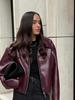 Элегантные куртки из искусственной кожи, женские модные женские пальто с застежкой-молнией и длинным рукавом 2024 года, осень-зима, женская уличная верхняя одежда бордового цвета