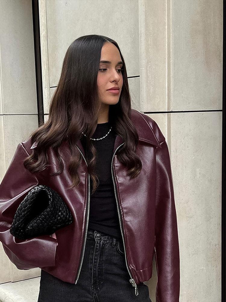 Элегантные куртки из искусственной кожи, женские модные женские пальто с застежкой-молнией и длинным рукавом 2024 года, осень-зима, женская уличная верхняя одежда бордового цвета