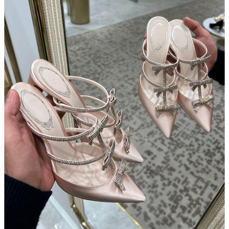 New Butterfly Rhinestone Bag Head High Heels Women's Stiletto Silk 2025 Summer Fashion Sweet Word with Half Drag Sandals