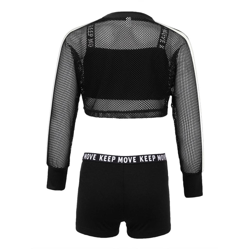 Kids Girls 3Pcs Jazz Hip Hop Dance Outfits Short Net Blouse with Tank Top and Booty Shorts Workout Suit