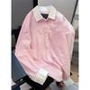 Летние розовые женские рубашки с длинным рукавом, контрастный полосатый дизайн, женская блузка, тонкая, простая, повседневная, универсальная женская куртка