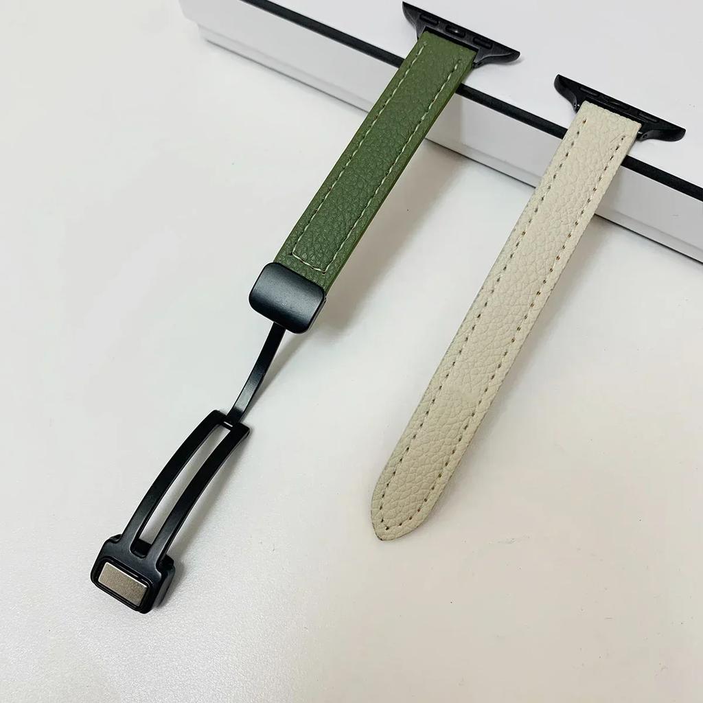 Magnetic Buckle Strap For Apple Watch 10 42/46mm SE 44 40mm 9 8 7 41 45mm Folding Slim Leather Bracelet iWatch Series 10 8 7 6 5
