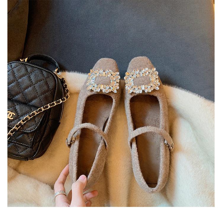 Wool Version~ Diamond Buckle Small Square Head with Woolen Thick Heel Mary Jane Single Shoes Women's Leather Small Heels Ladyshoes