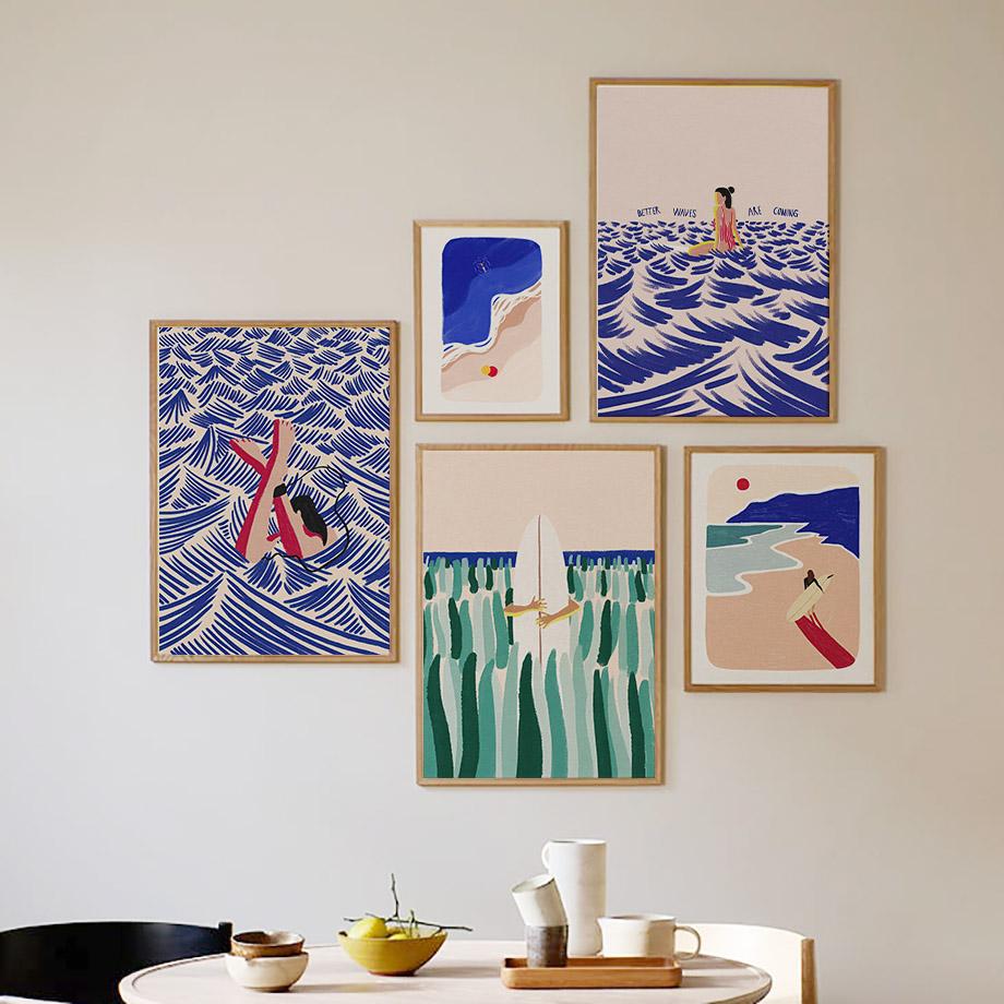 Винтажные постеры для серфинга, пляжа, океана, печать на холсте, настенная картина, искусство, современная мода, ретро, ​​абстрактный декор интерьера гостиной
