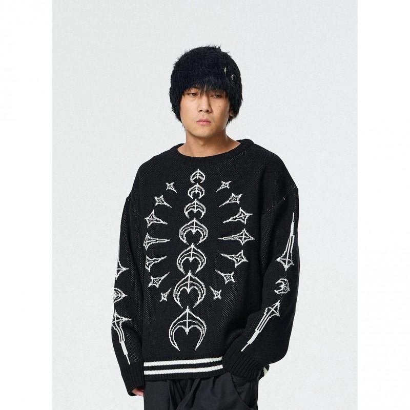 Unisex Streetwear Knit Sweater With Moon Star Contrast Stitching - Cotton Rabbit Hair Blend Long Sleeve Pullover