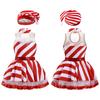 Girls Christmas Dress Set Striped Plush Ball Hat Sleeveless Mock Neck Keyhole Back Patchwork Printed Party Outfit