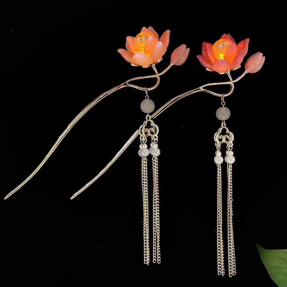Zinc Zinc Alloy Lantern Hairpin Flower LED Light Hair Fork Exquisite Lotus Tassel Hair Stick Cheongsam