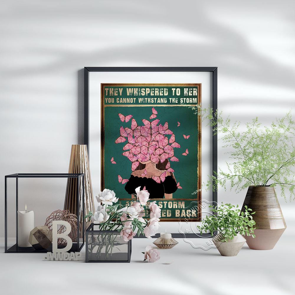 They Whisperes To Her You Cannot Withstang The Storm Retro Art Canvas Painting Nordic Style Fashion Girl Flower Butterfly Home Art Decor No Frame