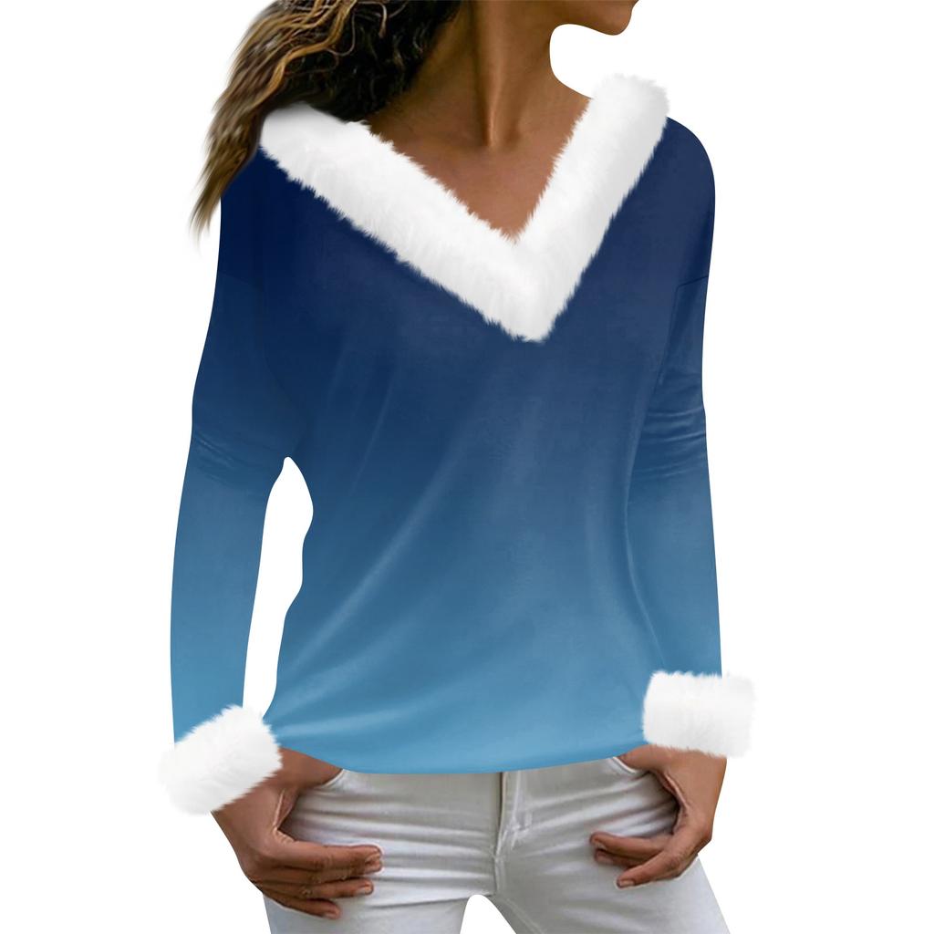Women's T Shirt Tee Print Shirt Long Sleeve Party Fleece Collar V Neck Top