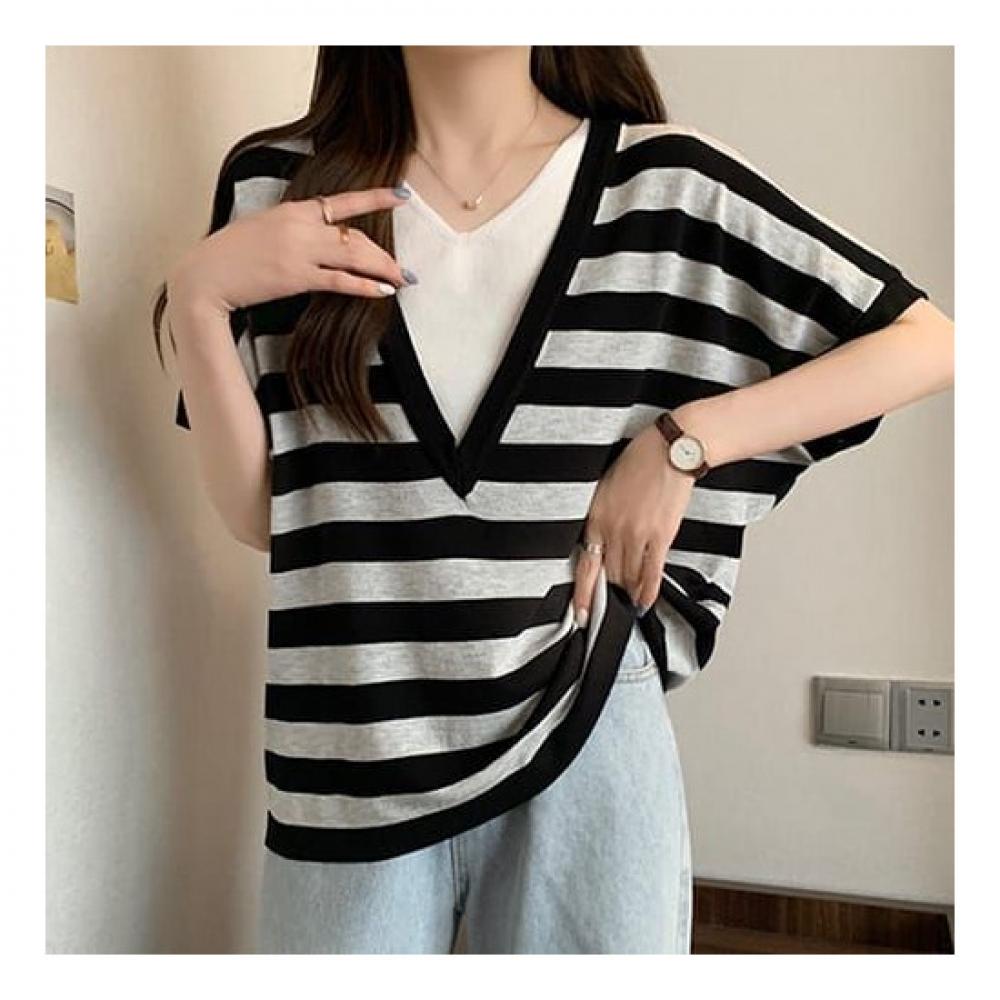 Navava Women S looSe FiT Two In One ShorT Sleeve KniT T ShirT Nk2156