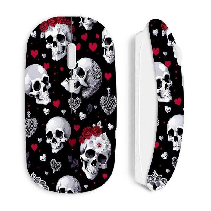 Souris sans fil - MANIACASE - Tête de mort et coeurs - Blanc - Optique - 70 g