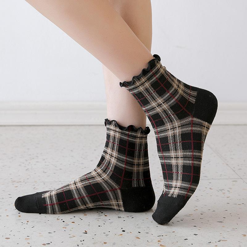 3 пары/лот Летние короткие носки Женские с бахромой Девочки Студенческий стиль Ретро Женственный стиль Хлопок JP Молодая леди Клетка Рюши