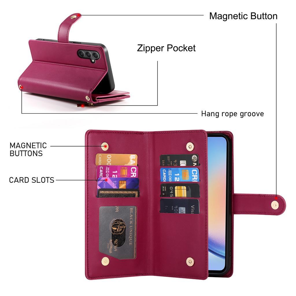 DF-011 For Samsung Galaxy A34 5G Case Card Slots Zipper Leather Cover Crossbody Phone Bag