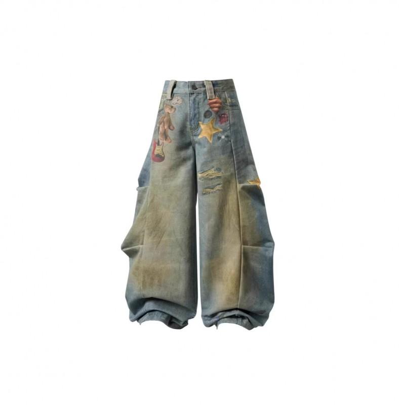 Vintage Washed Wide Leg Denim Pants With Cartoon Print High Waist Loose Fit Teens