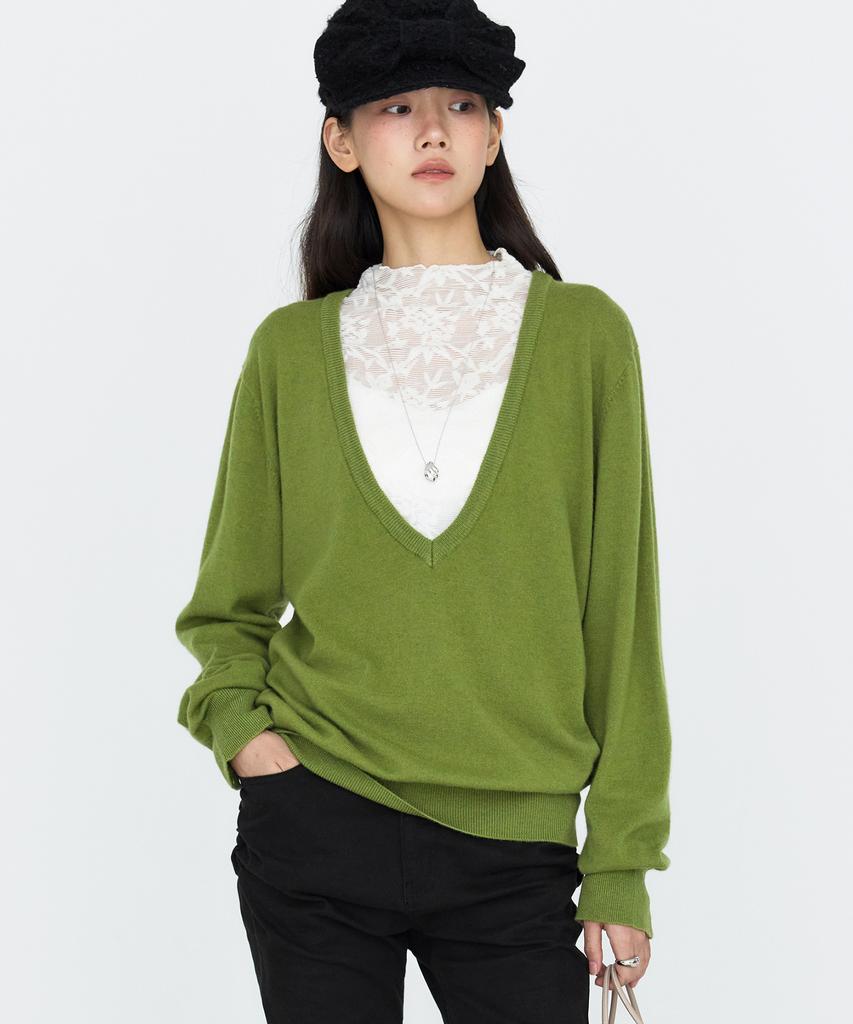 MONGDOL Wool Cashmere Deep V-Neck Knit Top Olive Green Mdkt138Ogreen