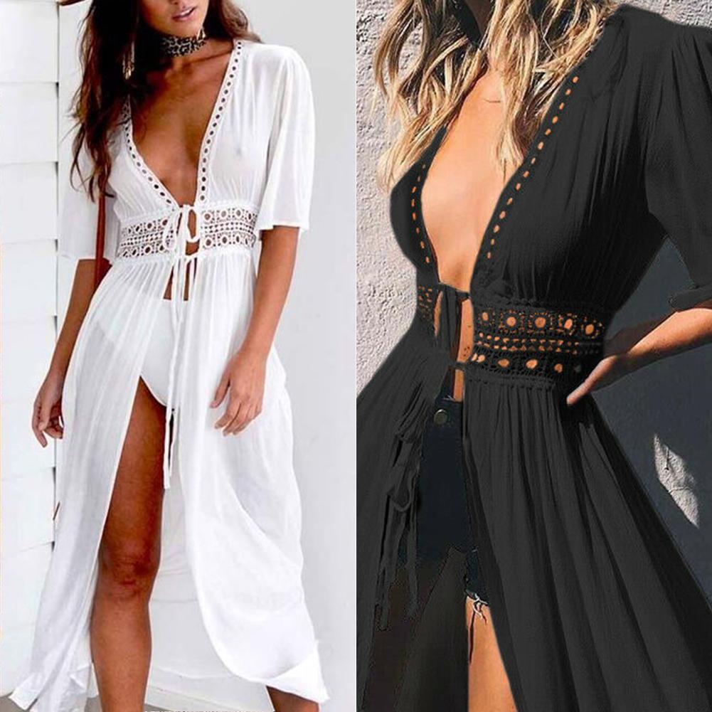 Summer Women Beach Dress Female Solid Bikini Cover Ups Short Sleeve V-Neck White Pareo Dress Wear Swimwear Plus Size