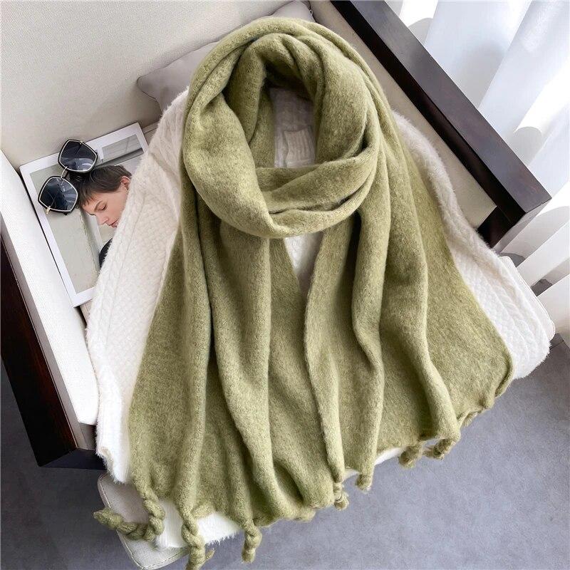 Winter Scarf Women Luxury Mohair Scarf Cashmere Warm Pashmina Solid Female Scarves Wraps Thick Soft Bufanda Big Tassels Shawl Long Stole Scarf