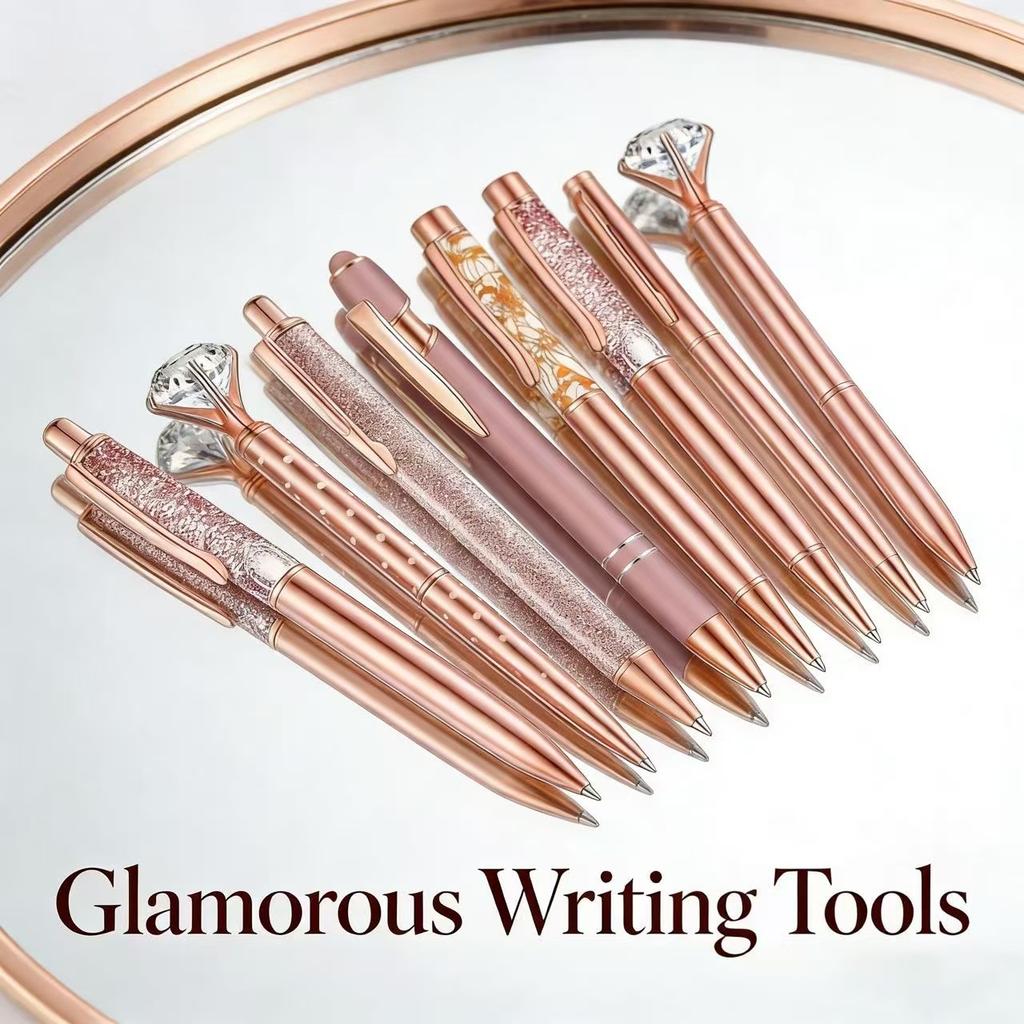 Набор шариковых ручек 8 шт. Rose Gold - Стильные металлические ручки с хрустальными акцентами - Идеально для студентов, офиса, подарков, роскошная ручка