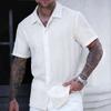 Men S Short Sleeve Striped Tropical Style Loose Turn Down Collar Casual Shirt