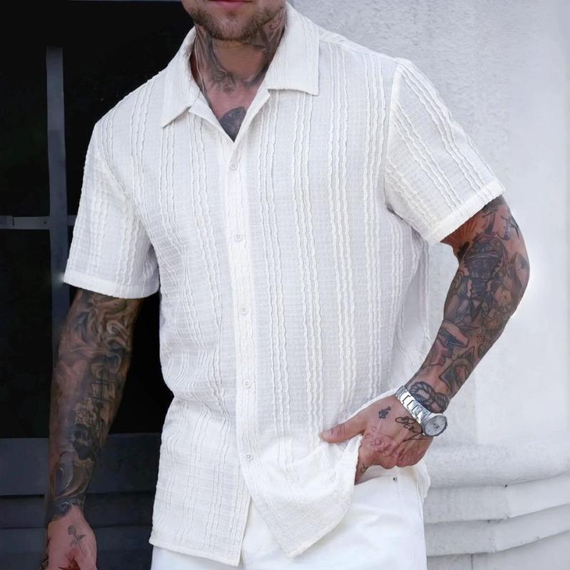 Men S Short Sleeve Striped Tropical Style Loose Turn Down Collar Casual Shirt