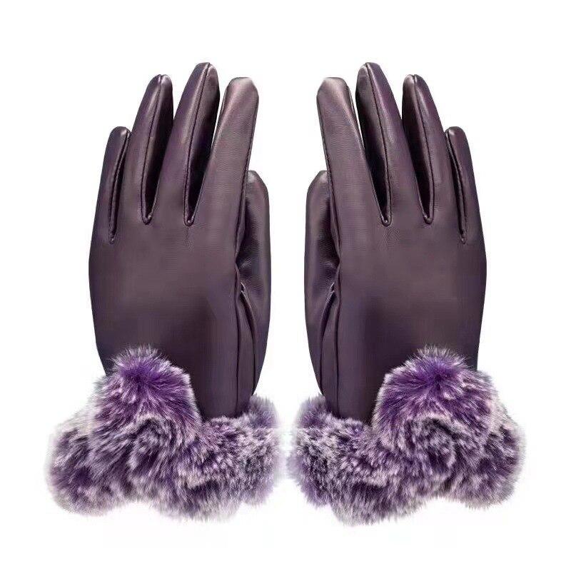 Women Winter Gloves Faux Rabbit Fur PU Leather Touch Screen Mittens Lady Female Outdoor Driving Warm Gloves