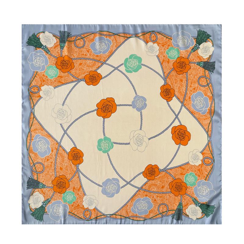 Satin Printed Square Scarf Silk Scarf for Women National Style Floral Scarf Thin Neck Protection Versatile Professional Stewardess Scarf