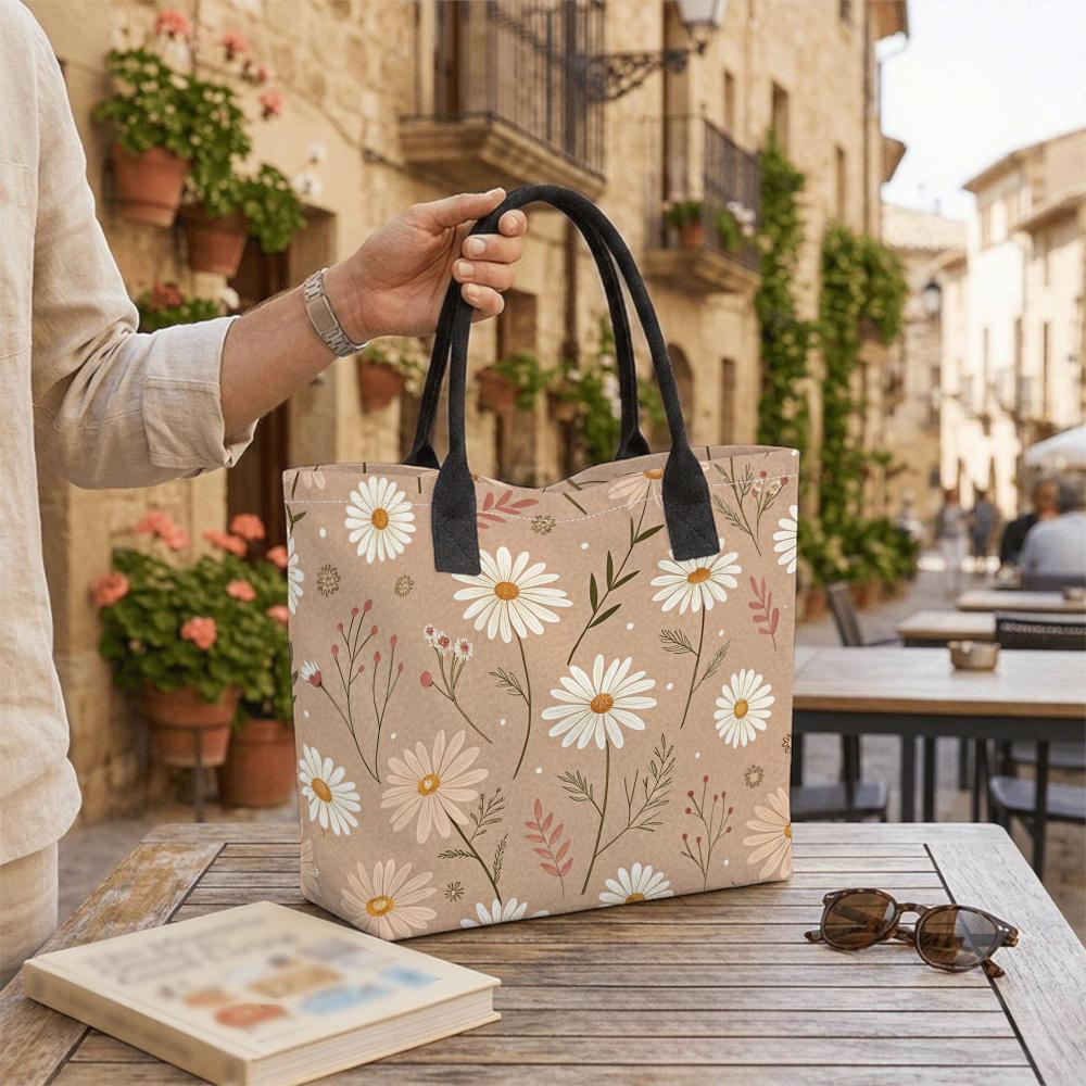 Women Daisy Print Tote Bag Large Capacity Casual Canvas Shoulder Handbag for Daily Travel Shopping