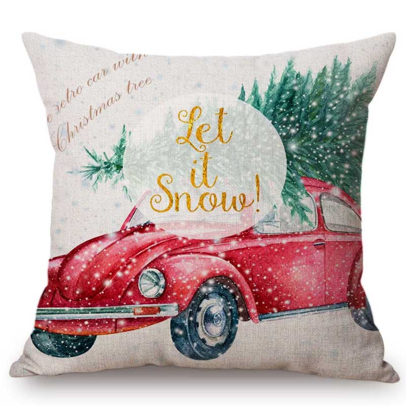 Cute Watercolor Christmas Decoration Sofa Throw Pillow Case Christmas Truck Tree Lovely Puppy Dog Letter Snow Cushion Cover