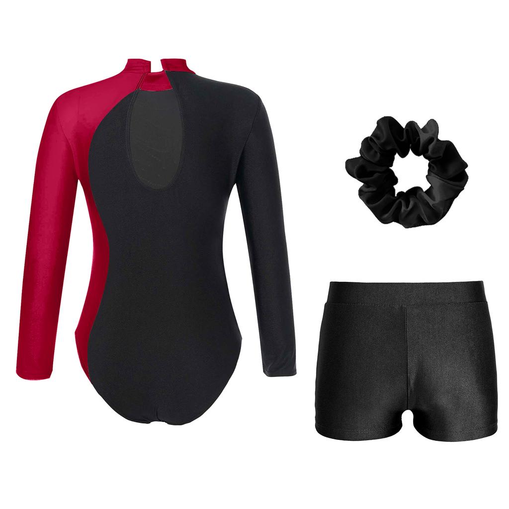 Девочки Гимнастический Танцевальный Костюм Водолазка Длинный Рукав Блестящие Стразы Вырез Капелька на Спине Купальник V-образный Пояс Шорты