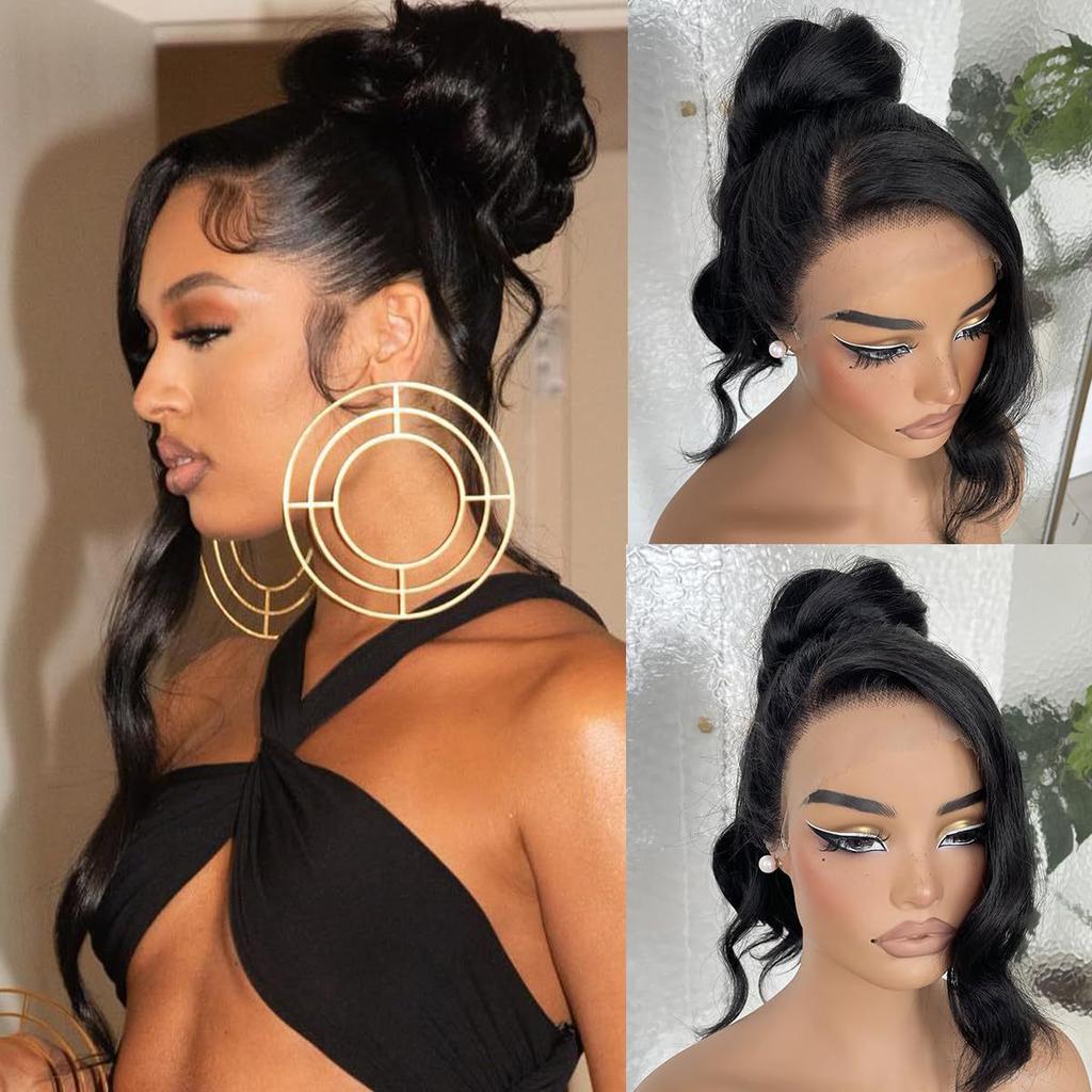 Women's front lace synthetic headband black side-parted long curly hair big waves