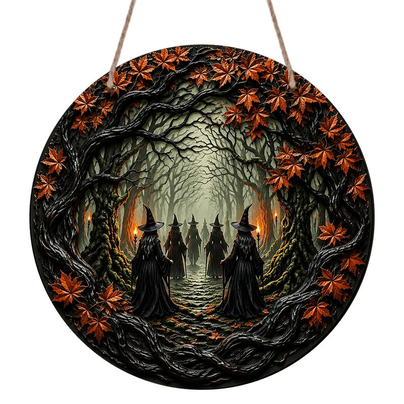 Плоская 2D 1 шт., Декоративные таблички и ornaments Знак, Хэллоуин Круглая алюминиевая подвесная табличка со сценой Леса Ведьм, Готическое Темное Фэнтези Искусство для