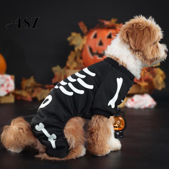 Glow-in-The-Dark Bone Pattern Pet Wear Halloween Dog Jumpsuit, Skeleton Onesie, Spooky Thermal Four-Legged Suit Clothes for Small Dogs