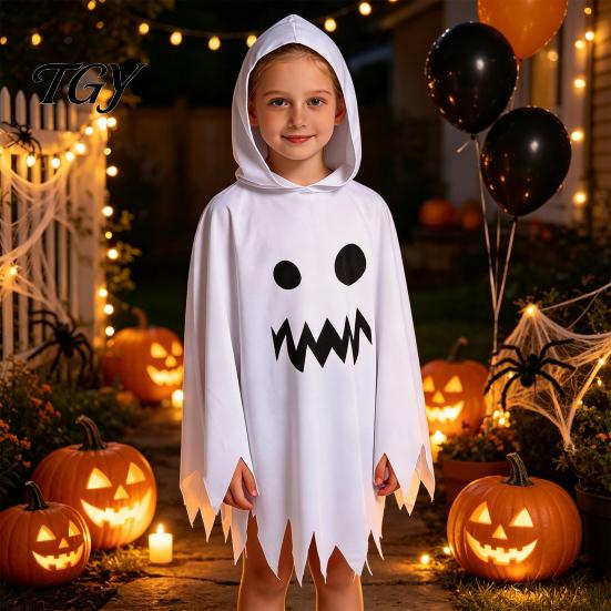 Black And White Ghost Cloak Halloween with Hood, Loose Fit Irregular Hem Costume Hooded Cape for Cosplay Party, Spooky Pullover Kids Adults