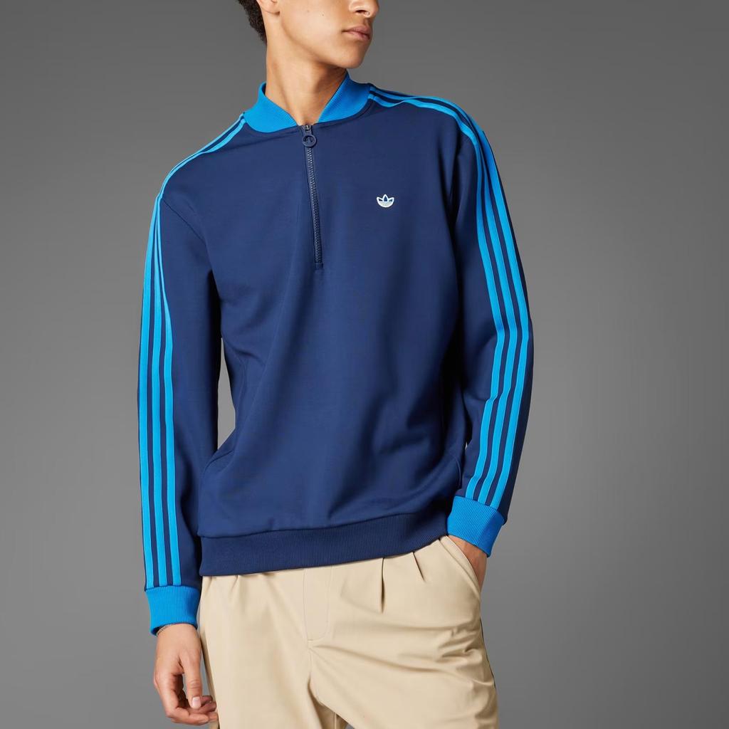 adidas Свитшот Originals 3 полоски с молнией на 1/4, обычный крой, мягкий флис, повседневная верхняя одежда, мужской, Ночной индиго, JP0938