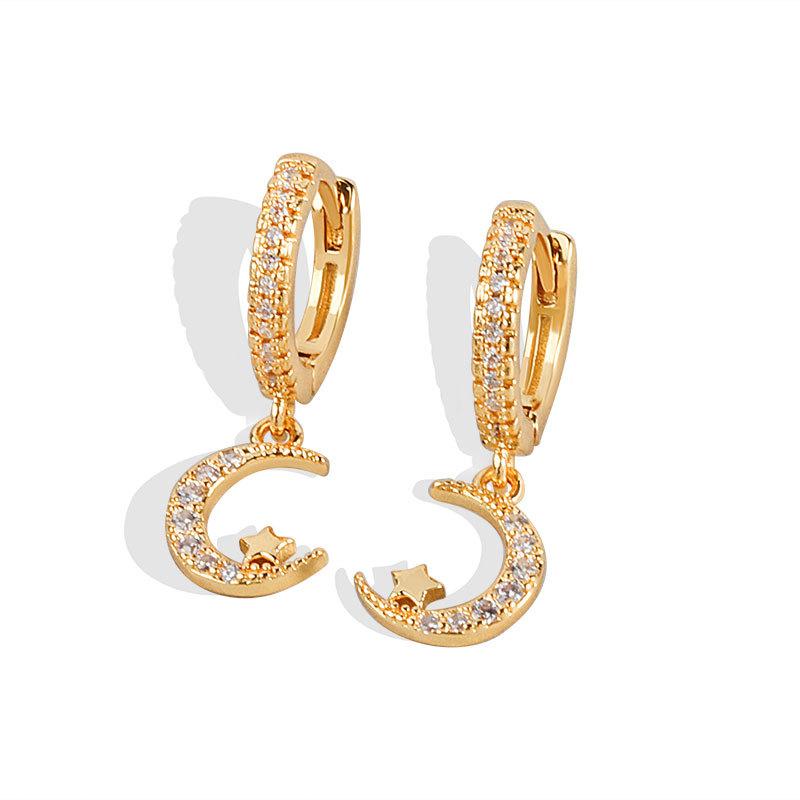 S925 Silver Gold Star Moon Earrings Cubic Zirconia Huggie Hoops Fashionable Personalized Jewelry For Women