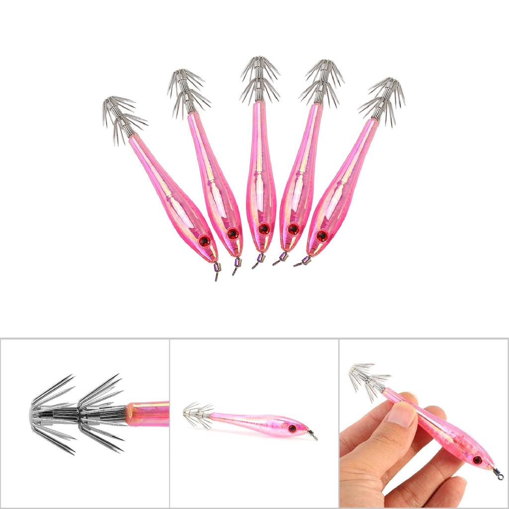 5pcs 9.5cm Plastic Hard Squid Fishing Lures With Double Hook (pink)
