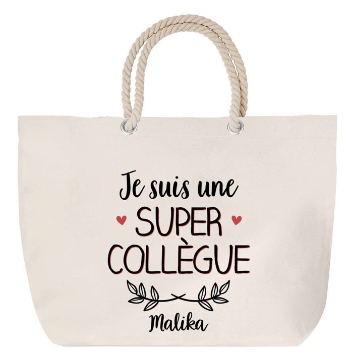 Sac de plage anse corde - PLANETEE - Malika - Message personnalisé «Une Super Collègue» - Coton - Grand format