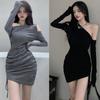 Платье на одно плечо, облегающее мини-платье, сплошной цвет, с длинным рукавом для женщин, тонкие уютные платья Ulzzang