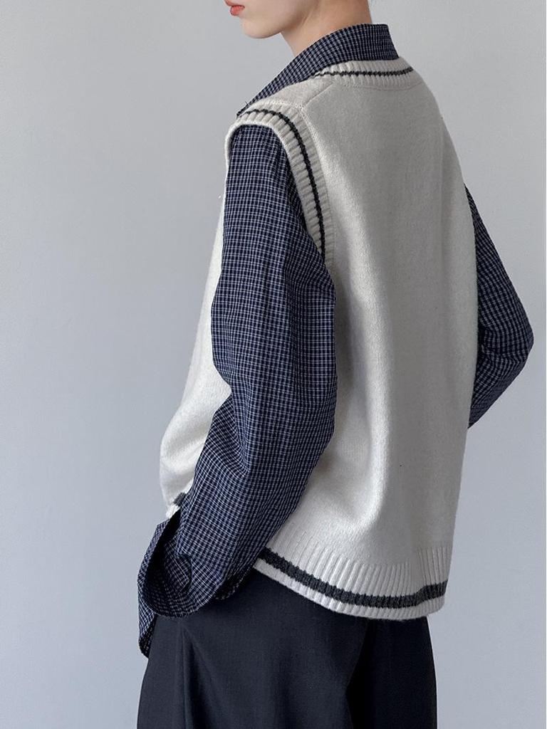 Orange Zhi Retro V-Neck Color Block Knitted Vest - Early Autumn College Girl Style