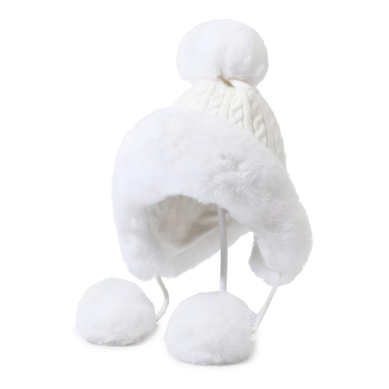 Hunting-Style Women's Faux Fox Fur Pom-Pom Earflap Hat Wool Knit Business Travel Ski Beanie 100% Polyester