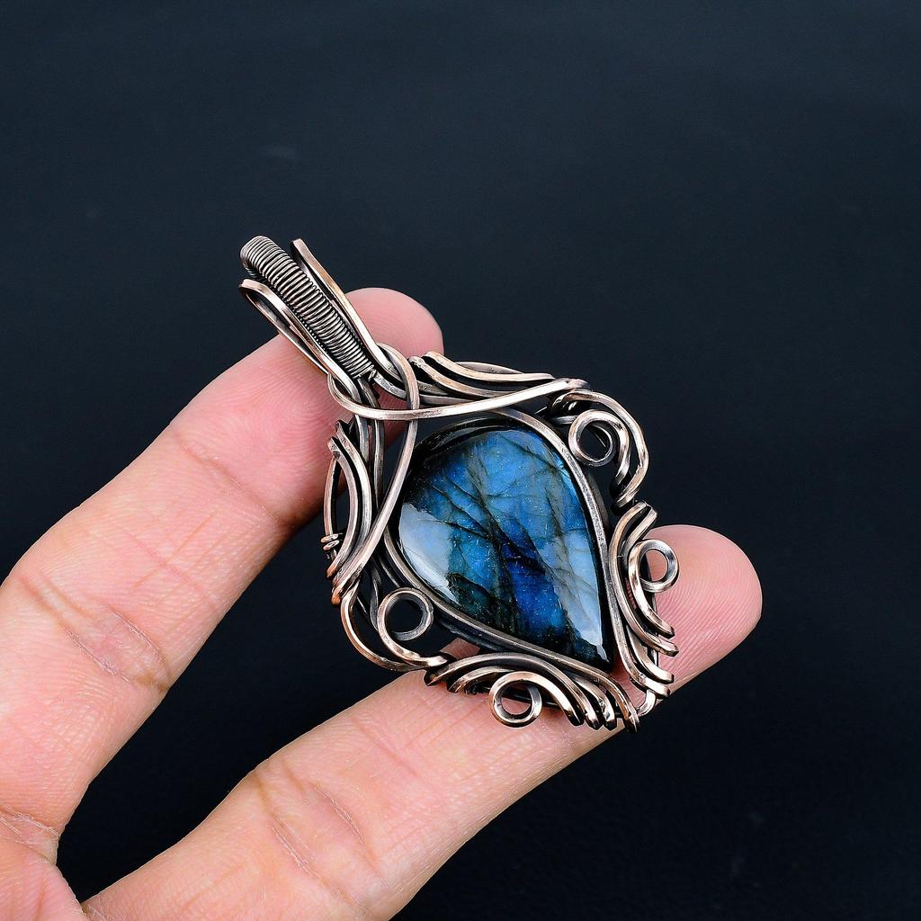 Labradorite Pendant, Handmade Gemstone 999 Copper Wire Wrapped Pendant Antique Jewelry, For Gift Silver Jewelry
