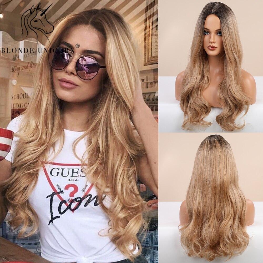 BLONDE UNICORN Синтетический парик Ombre Блондинка Коричневый Длинные парики Средняя часть волос Парик Повседневные натуральные волнистые термостойкие волокна для женщин