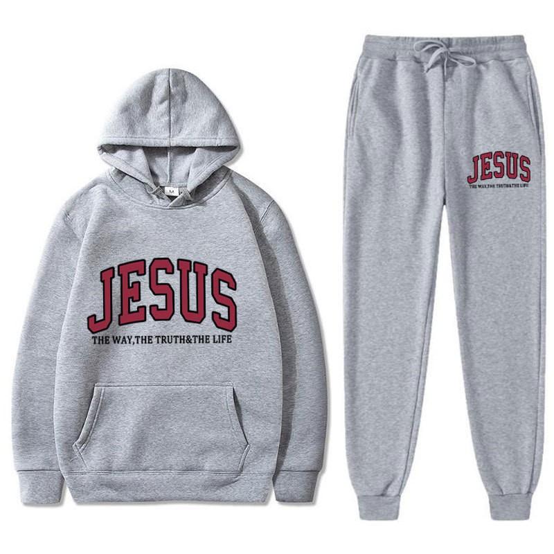 Men Women Casual Hooded Sweatshirt Set With Letter Print Long Sleeve Top Pants Sportwear