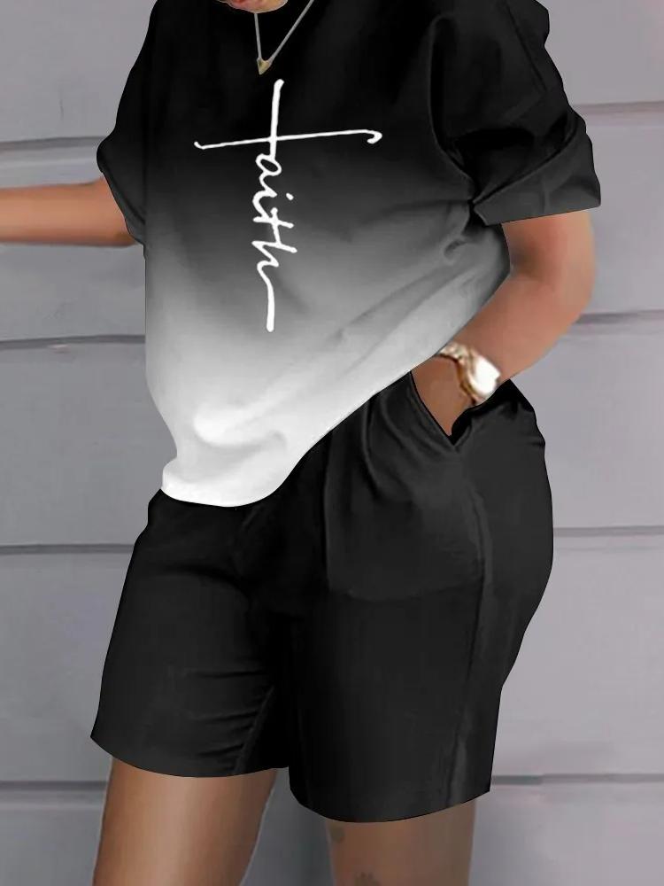 Повседневный топ и шорты, комплекты, повседневная футболка с коротким рукавом, женский летний комплект с градиентом и 3D принтом, карманные шорты, костюм, женская футболка, шорты