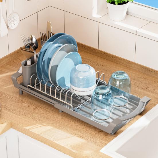 Dish Drying Rack with Cutlery Holder Large Capacity Strong Load-bearing Countertop Extendable Dish Rack with Drain Board